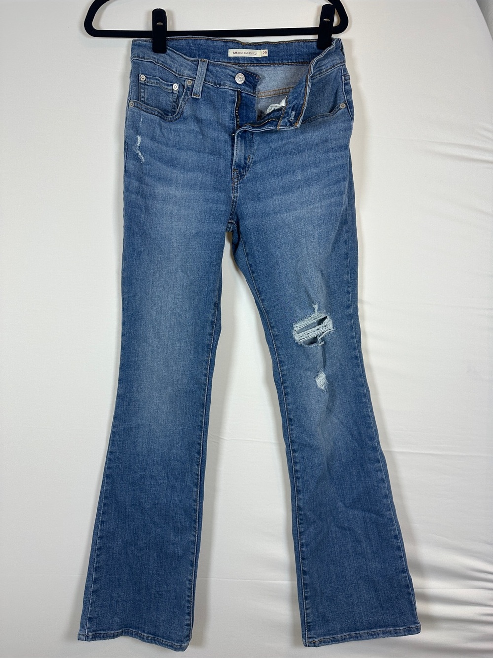 Levi's 725 High Rise Bootcut Jeans 29 Blue Distressed Stretch Denim